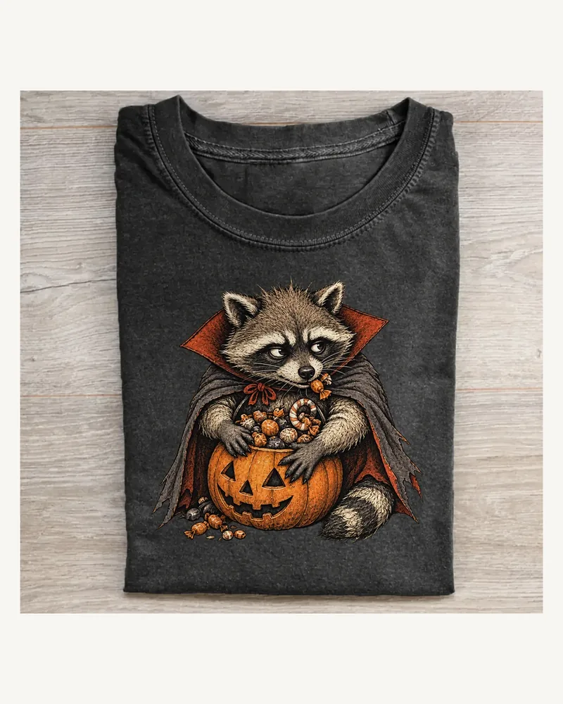 Folded washed black T-shirt featuring Midnight Snack Guard on a pale wood tabletop