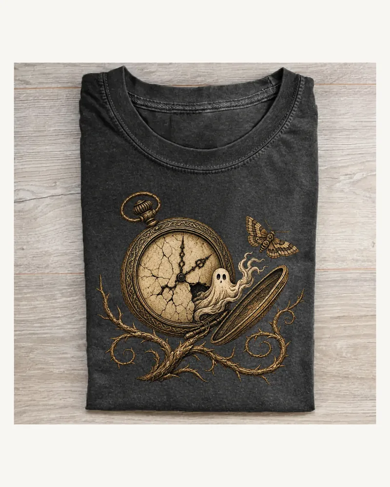 Folded washed black T-shirt featuring The Thirteenth Hour on a pale wood tabletop