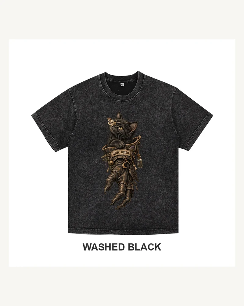 Complete washed black T-shirt featuring Little Omen gothic artwork