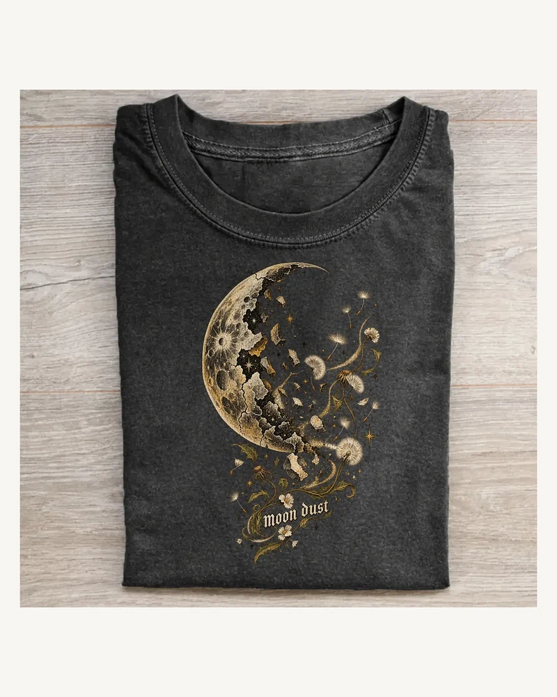 Folded washed black T-shirt featuring Moon Dust gothic artwork