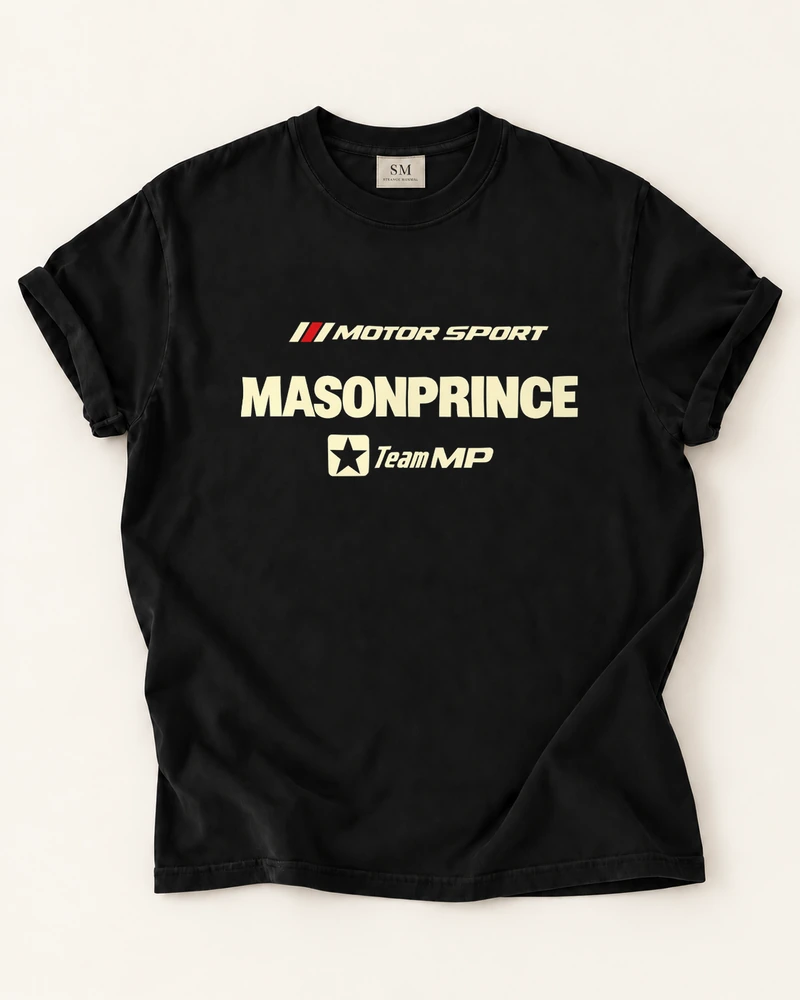 Black T-shirt with motor sport team lettering front print