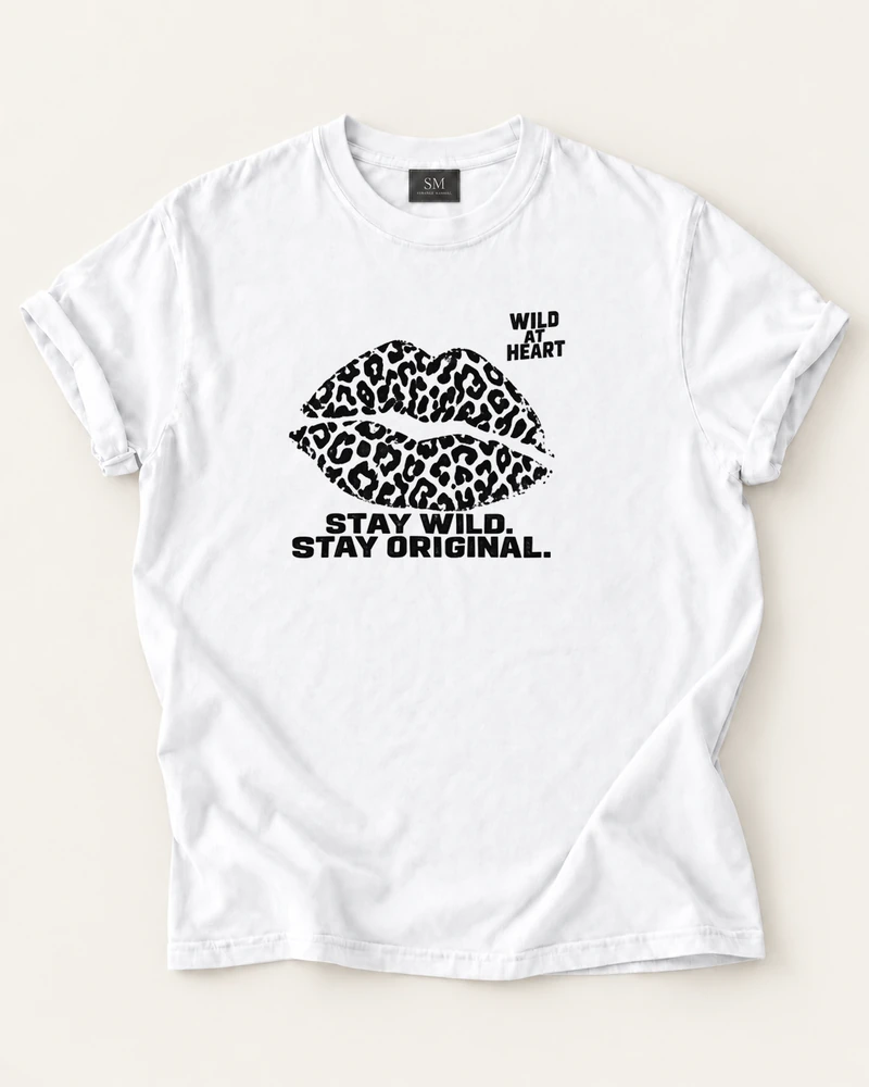 White T-shirt with wild at heart leopard lips front print
