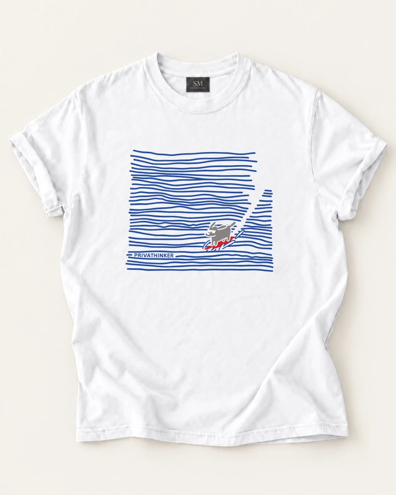 White T-shirt with blue motion lines cat graphic front print