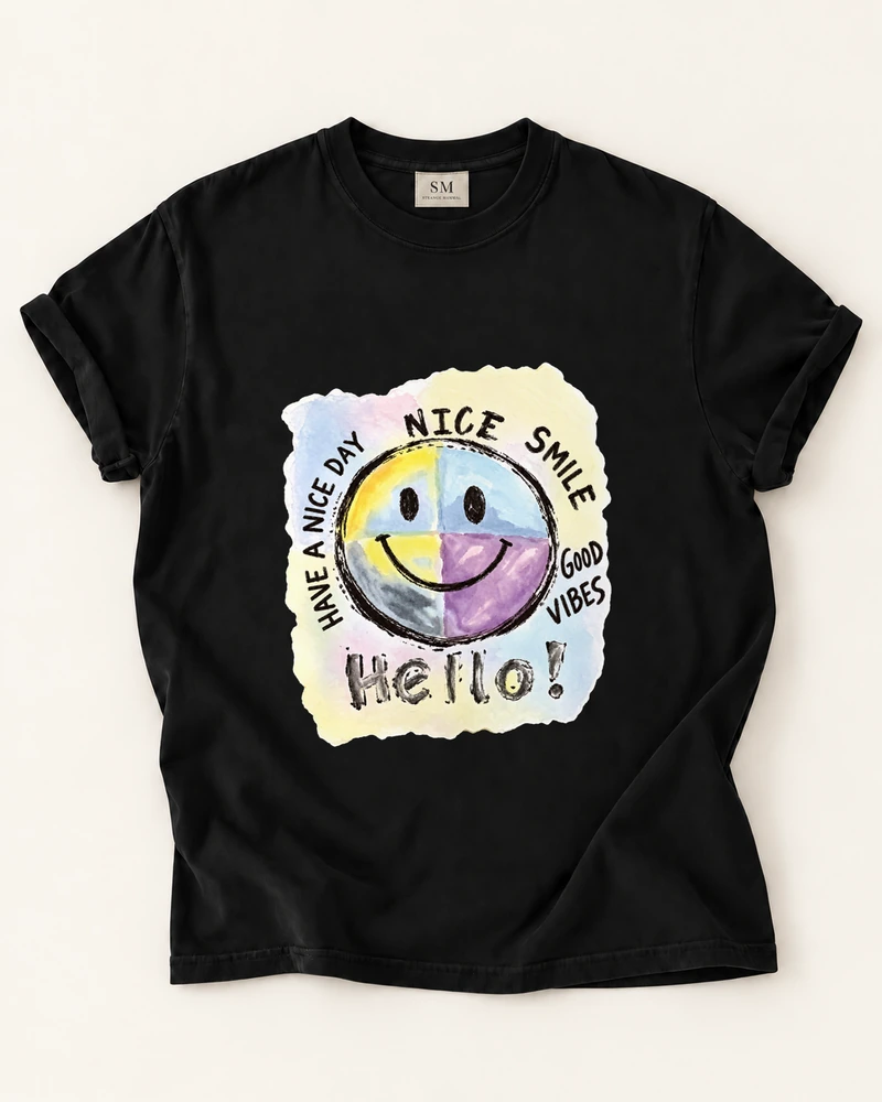 Black T-shirt with four color smile have a nice day front print