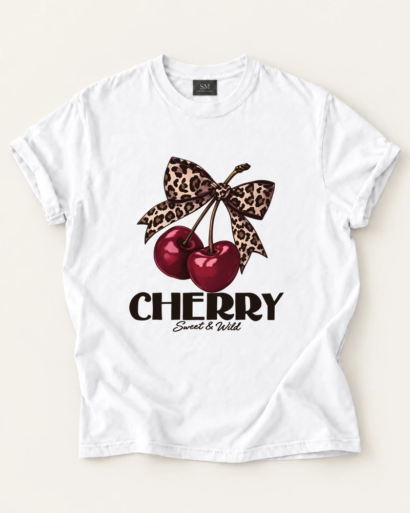White T-shirt with cherry sweet and wild graphic front print