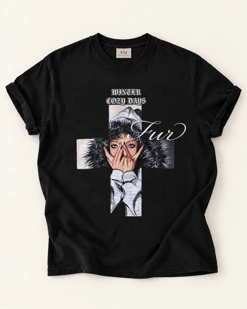 Black T-shirt with cozy days winter portrait front print