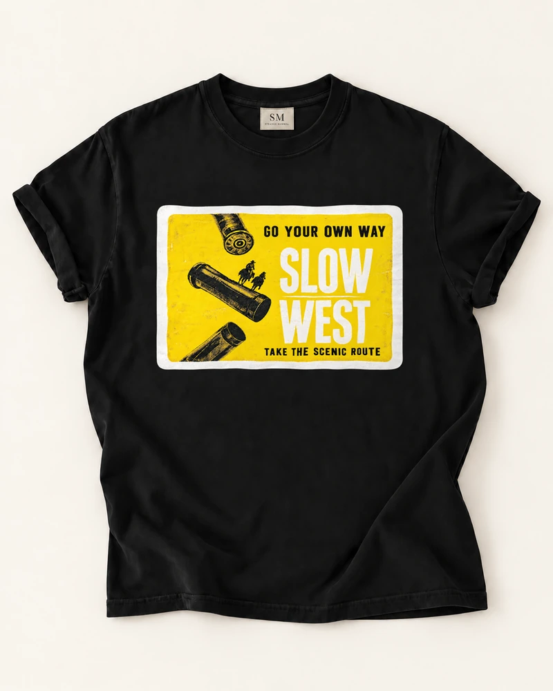 Black T-shirt with go your own way slow west front print