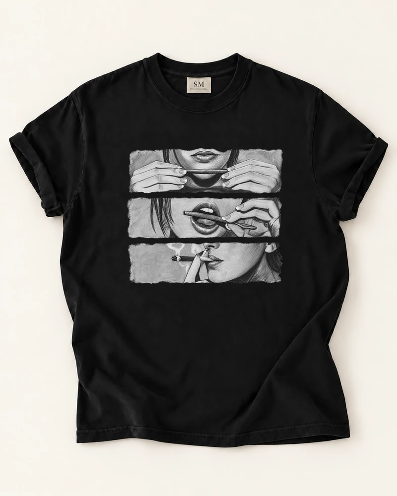 Black T-shirt with three panel portrait sketch front print