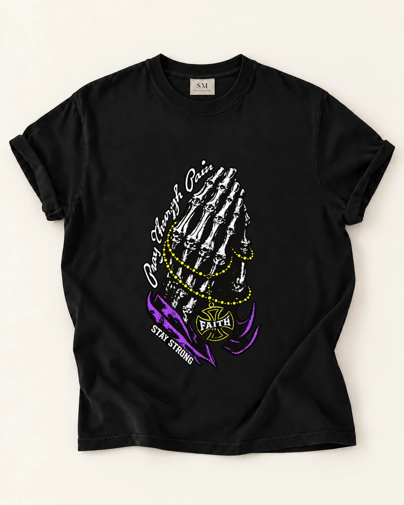 Black T-shirt with pray through pain graphic front print