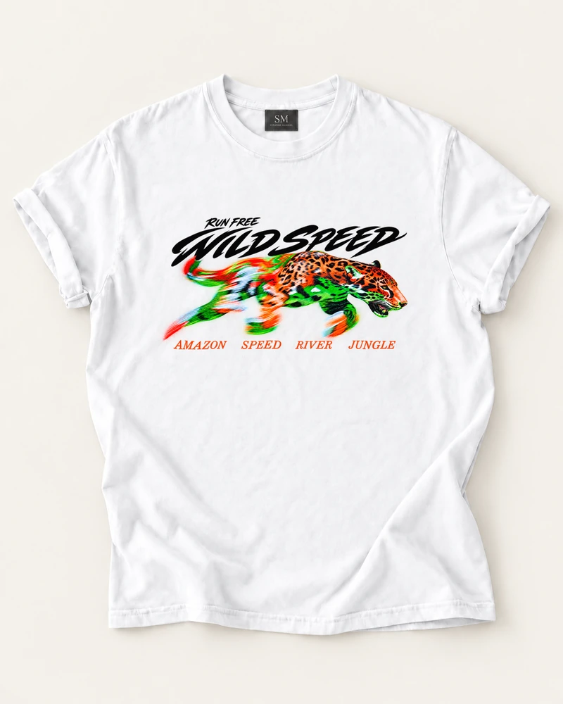 White T-shirt with run free wild speed leopard front print