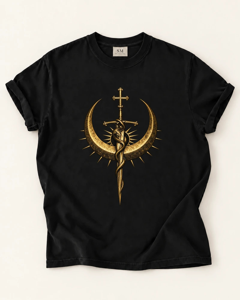 Black T-shirt with gold serpent sword and crescent front print