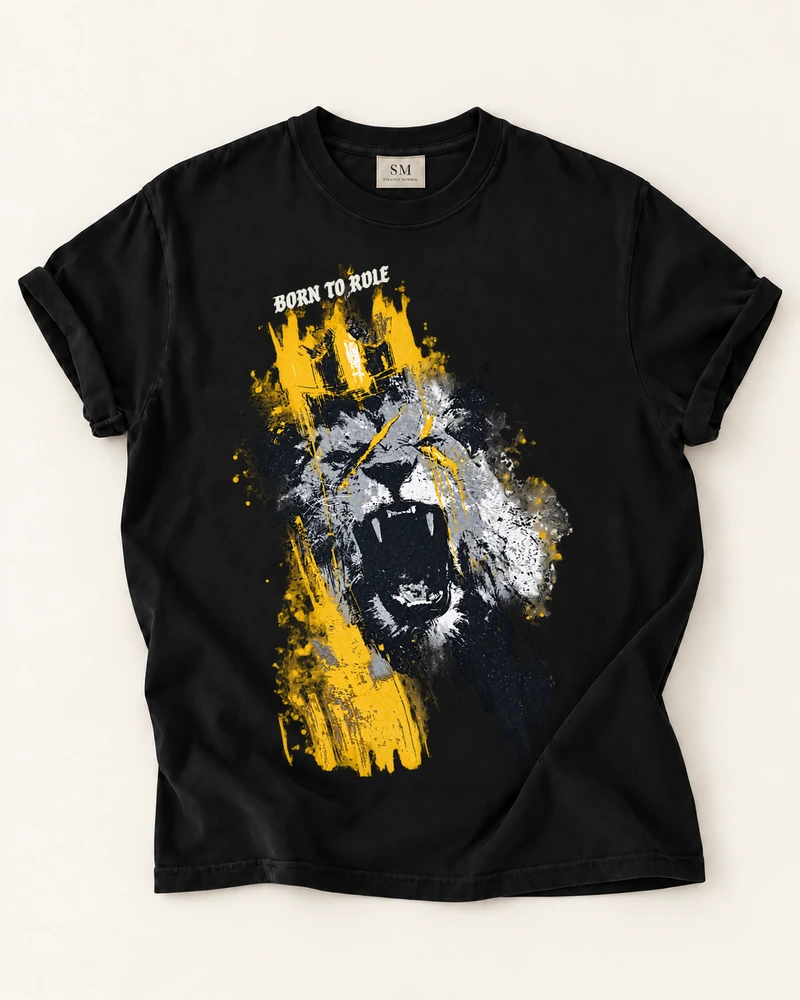 Black T-shirt with born to rule lion graphic front print