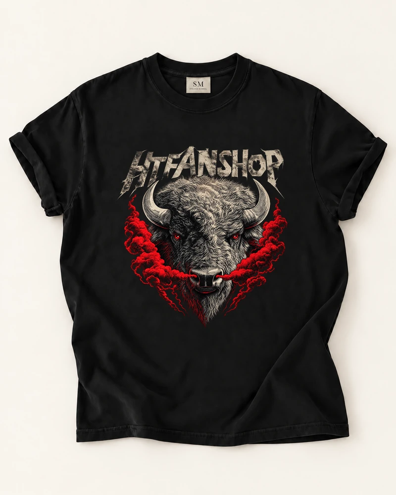 Black T-shirt with red accent bull graphic front print