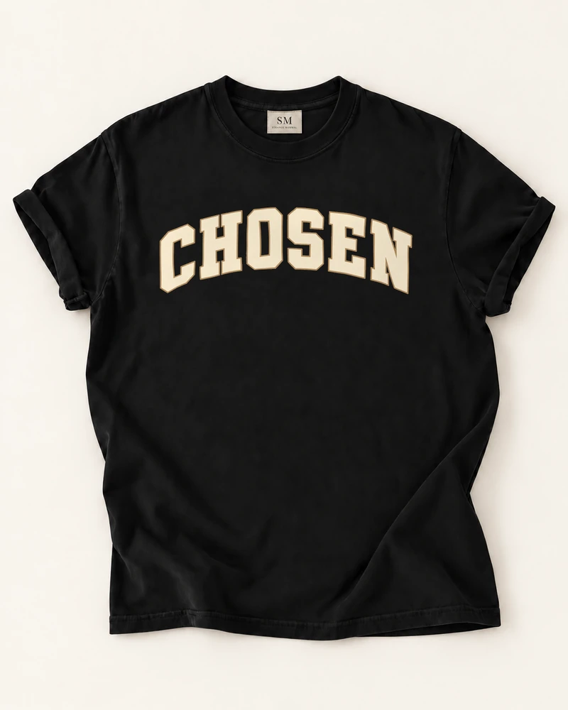 Black T-shirt with chosen distressed typography front print