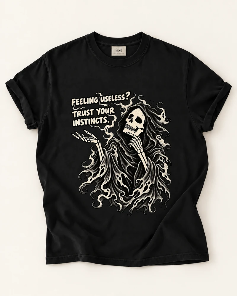 Black T-shirt with trust your instincts reaper front graphic