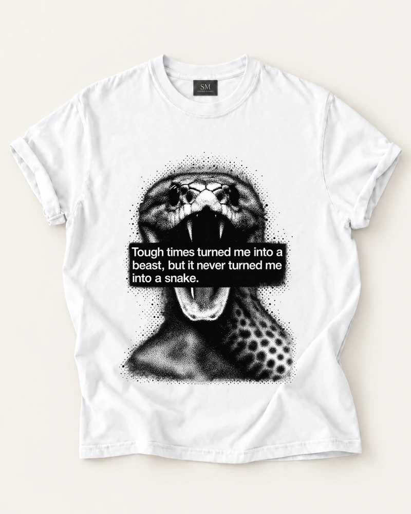 White T-shirt with beast not a snake front graphic