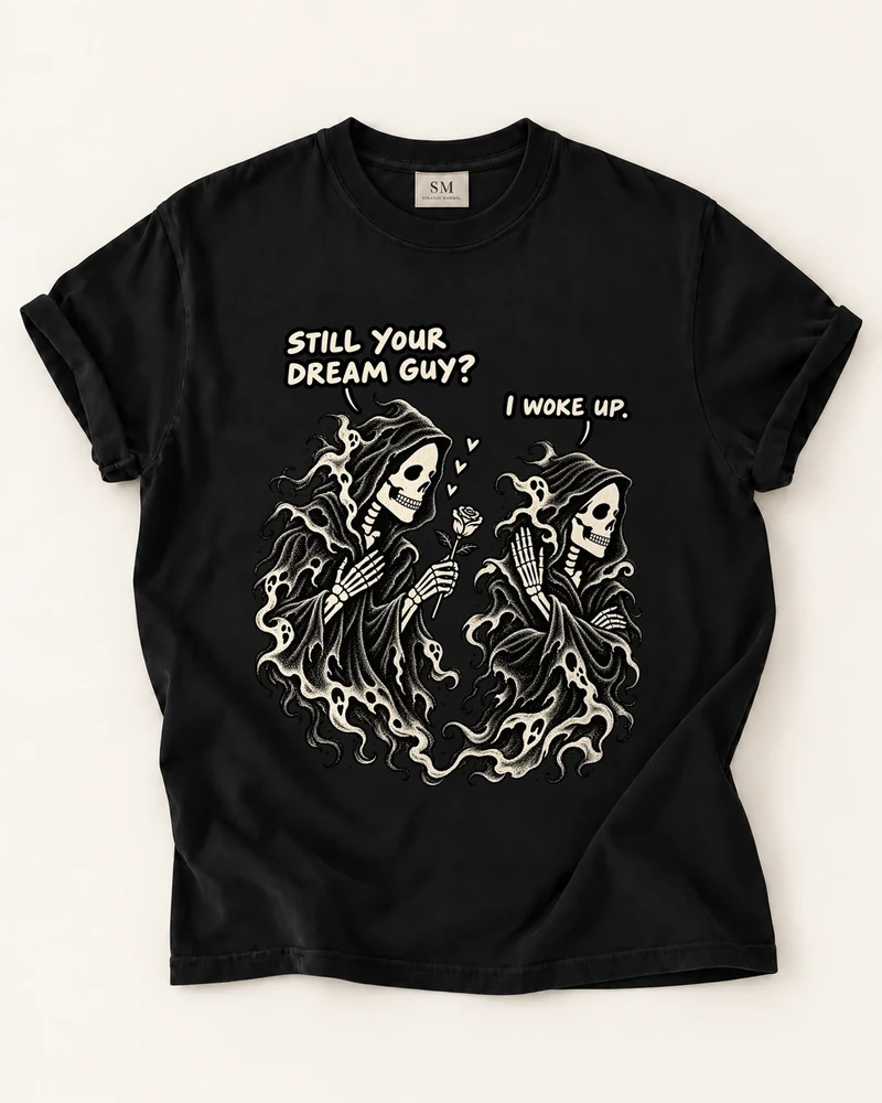 Black T-shirt with dream guy ghosts front graphic