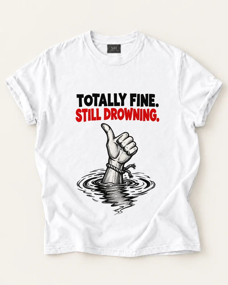 White T-shirt with still drowning thumbs up front graphic