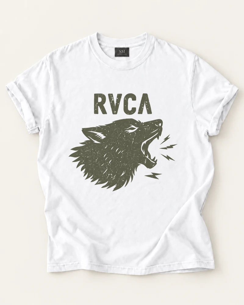 White T-shirt with howling wolf emblem front graphic