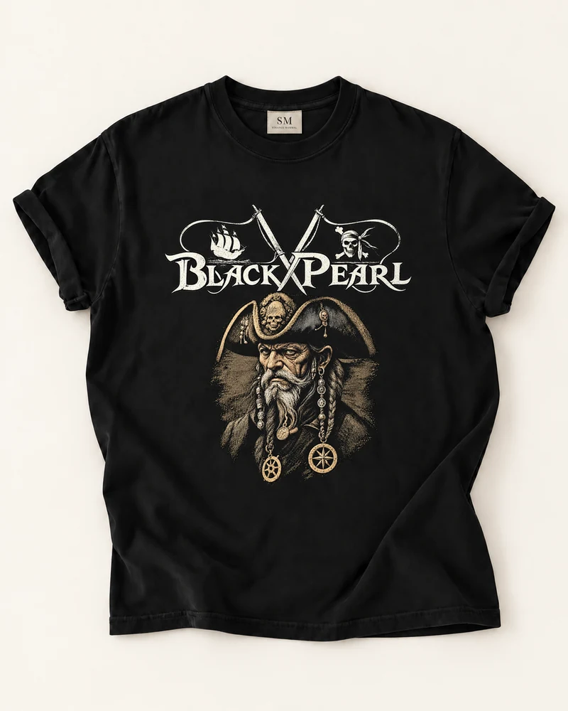 Black T-shirt with black pearl pirate front graphic