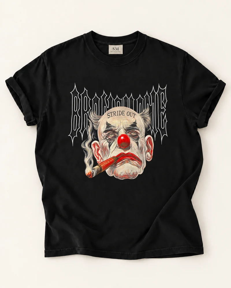 Black T-shirt with stride out clown front graphic