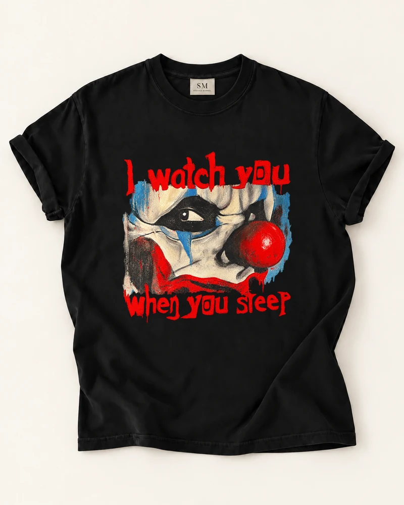 Black T-shirt with watching clown front graphic