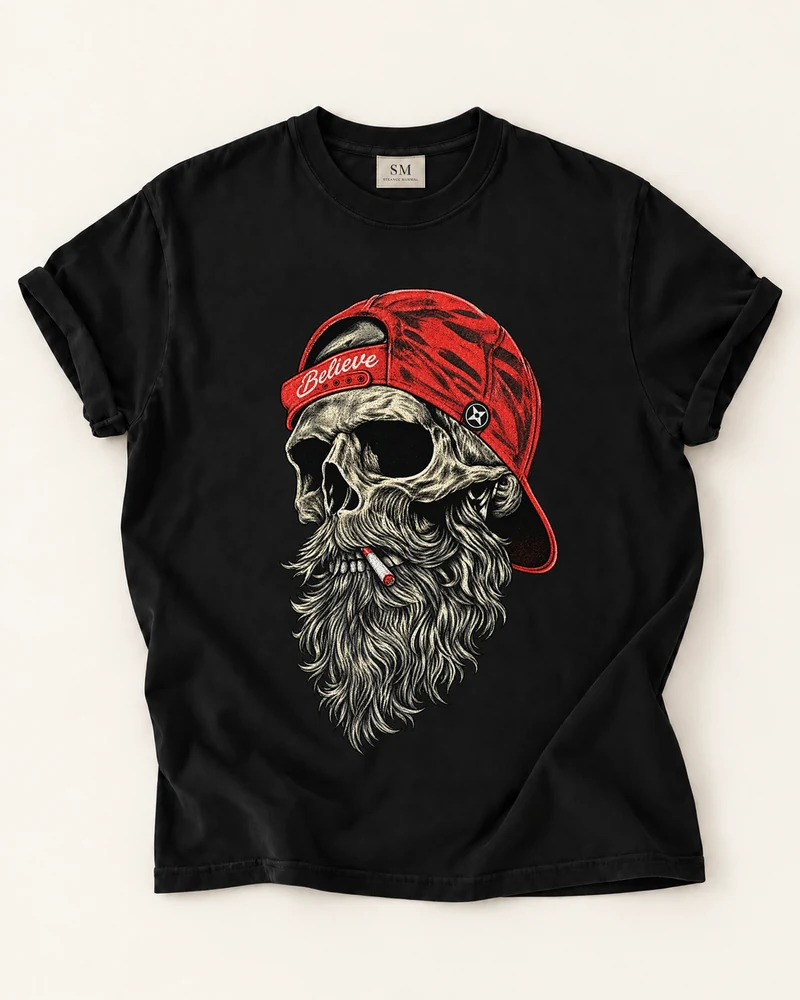 Black T-shirt with believe bearded skull front graphic