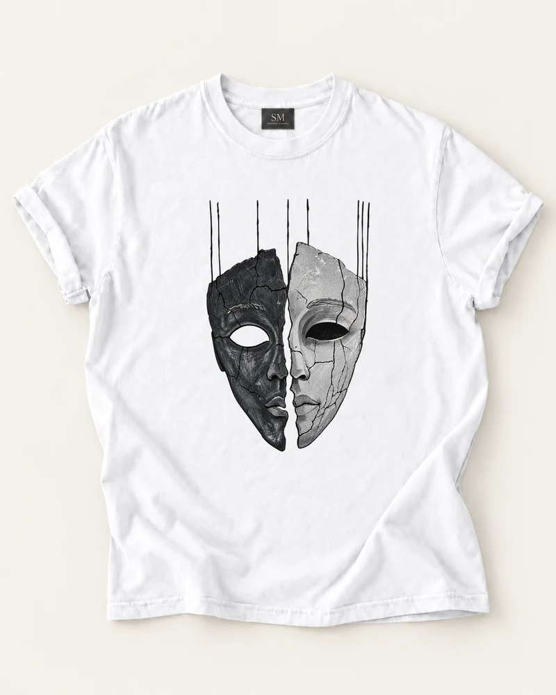 White T-shirt with split face mask front graphic