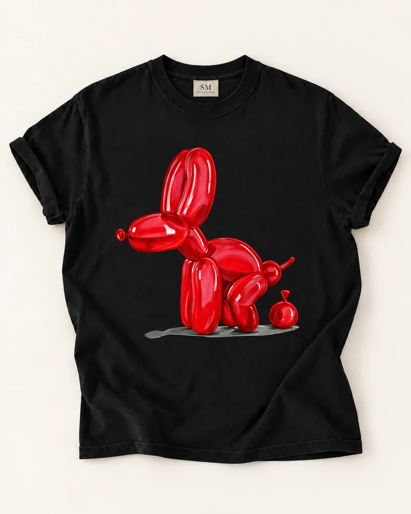 Black T-shirt with red balloon dog front graphic