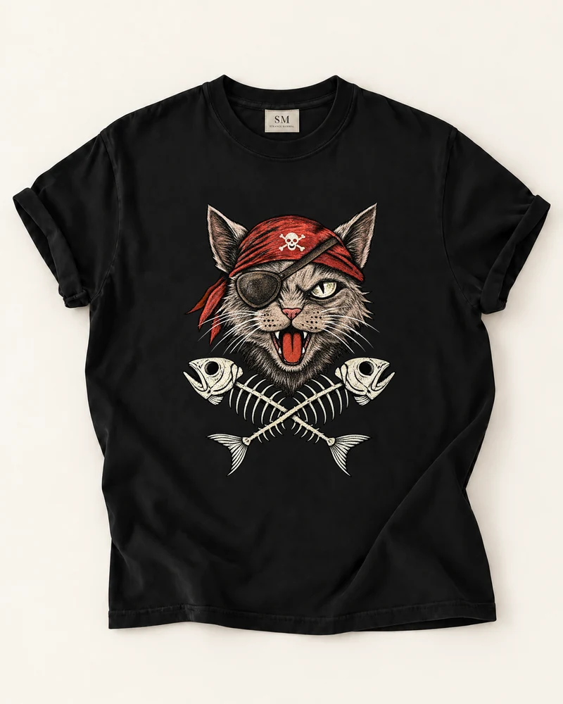 Black T-shirt with pirate cat crossbones front graphic