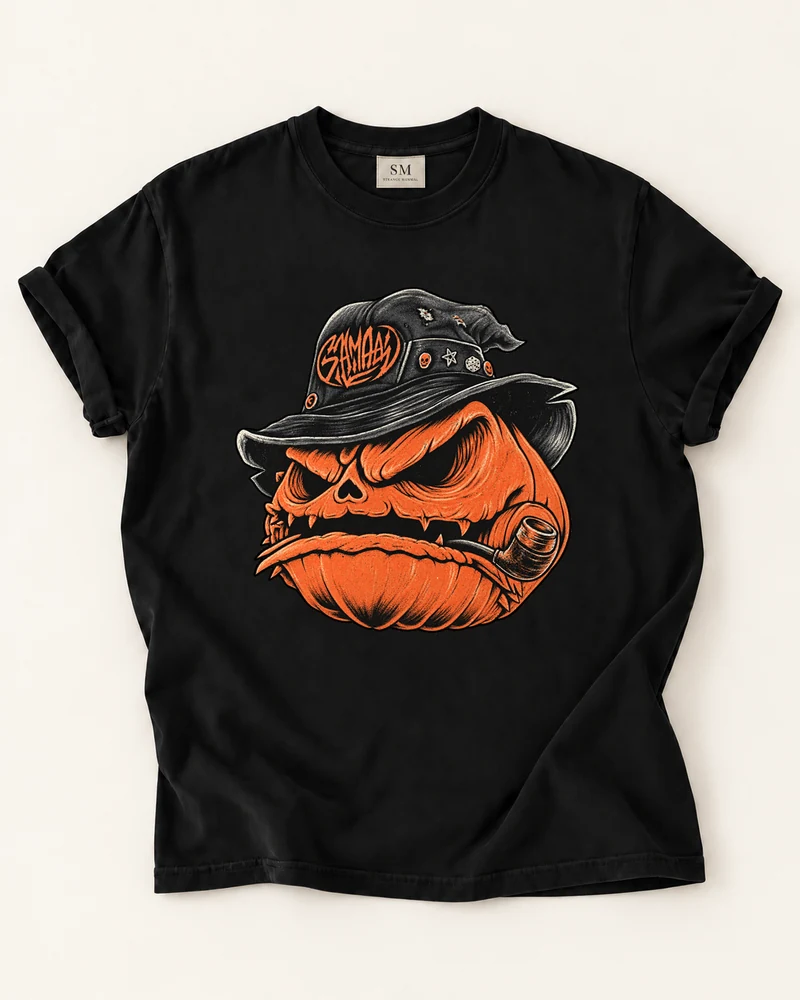 Black T-shirt with pumpkin pipe face front graphic