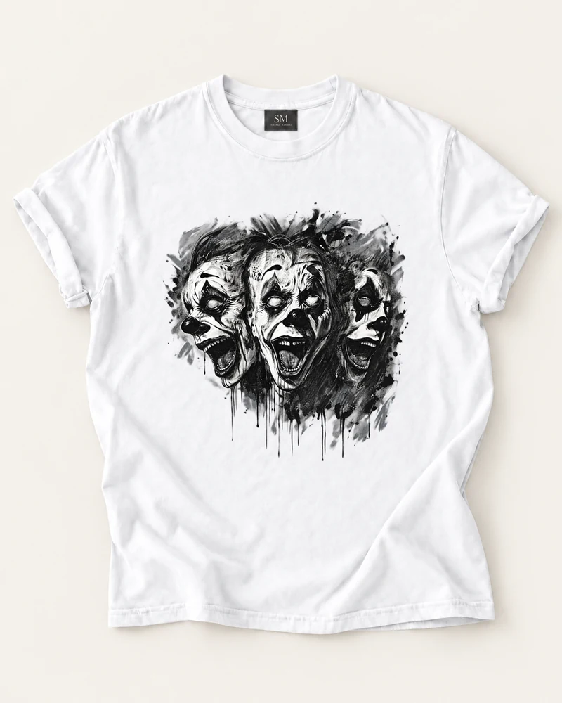 White T-shirt with three clown faces front graphic
