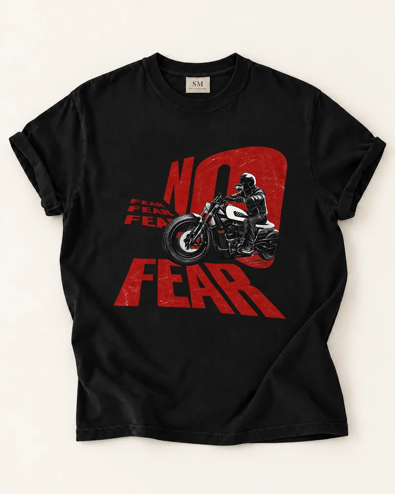 Black T-shirt with no fear motorcycle front graphic