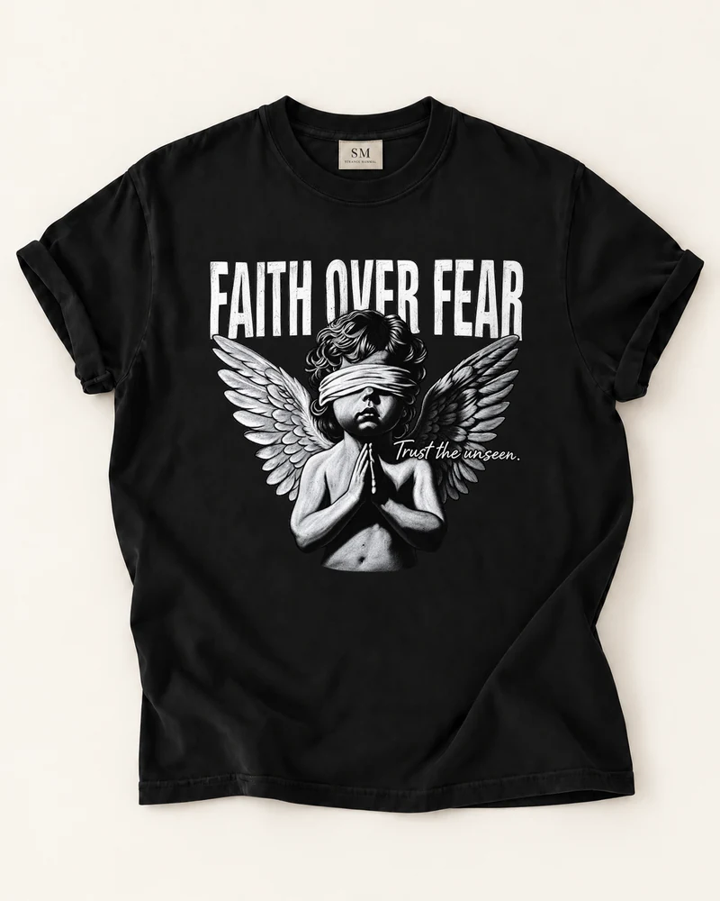 Black T-shirt with faith over fear angel front graphic