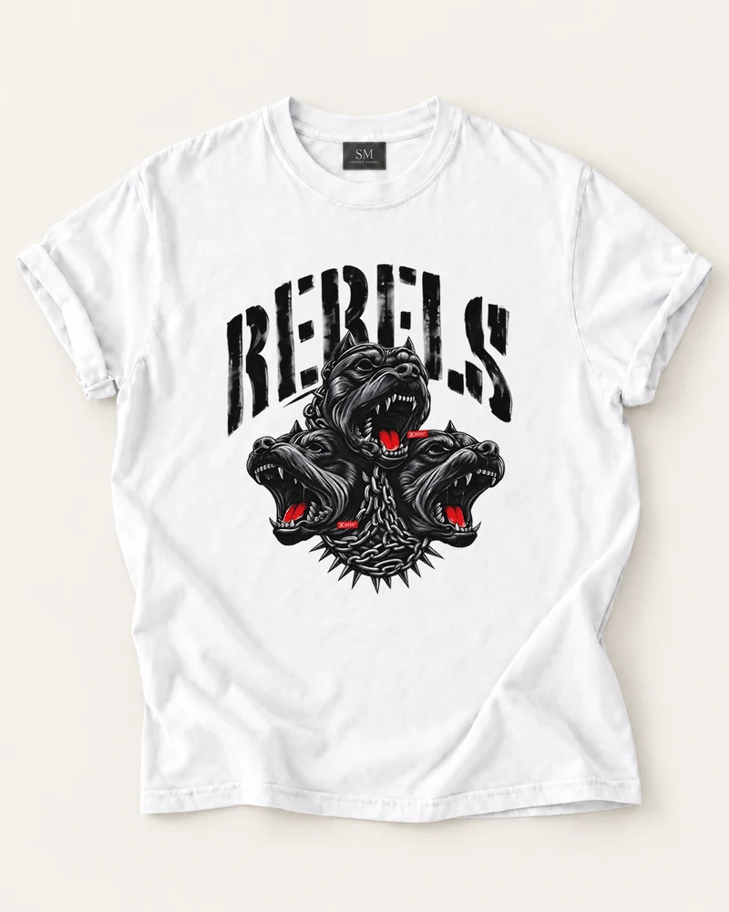 White T-shirt with rebels three hounds front graphic