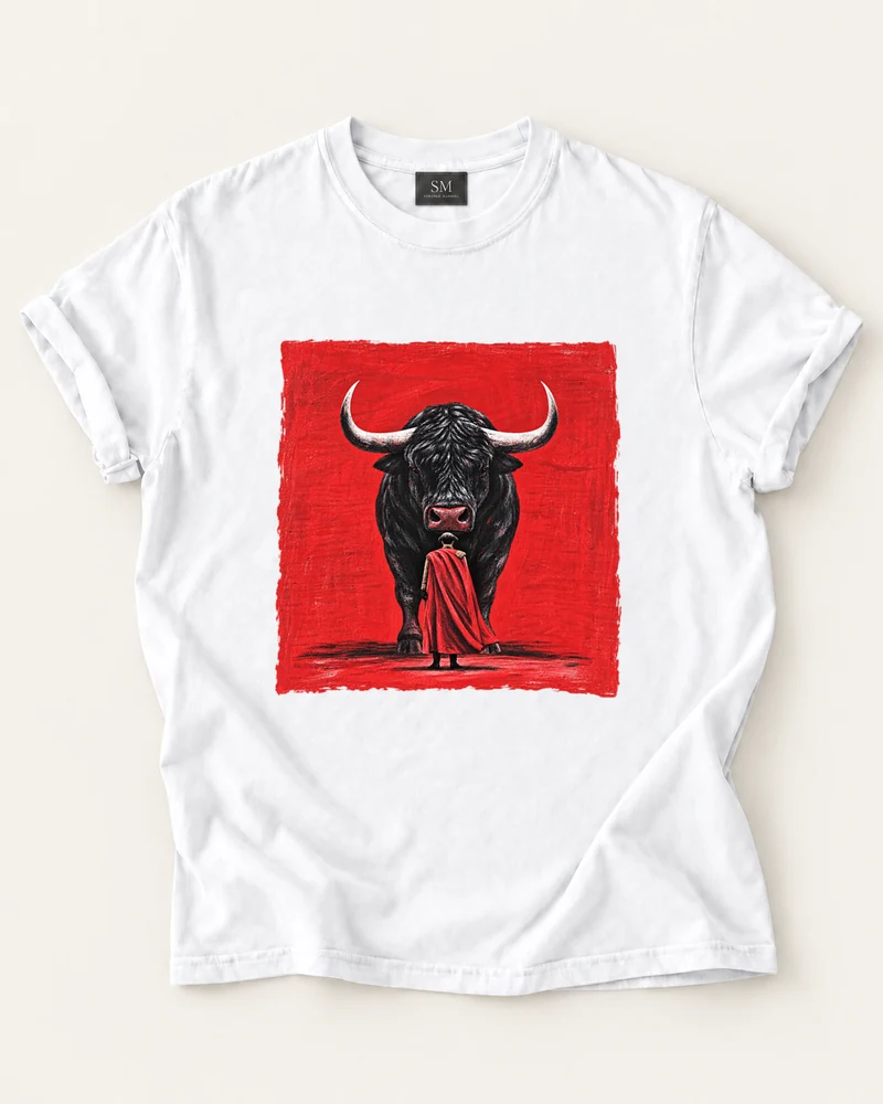 White T-shirt with bull and red cloth front graphic
