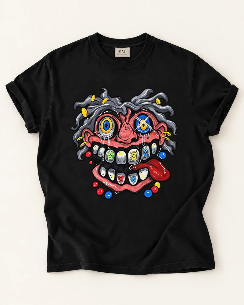 Black T-shirt with colorful chaos face front graphic