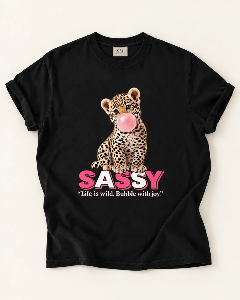 Black T-shirt with sassy bubblegum leopard front print