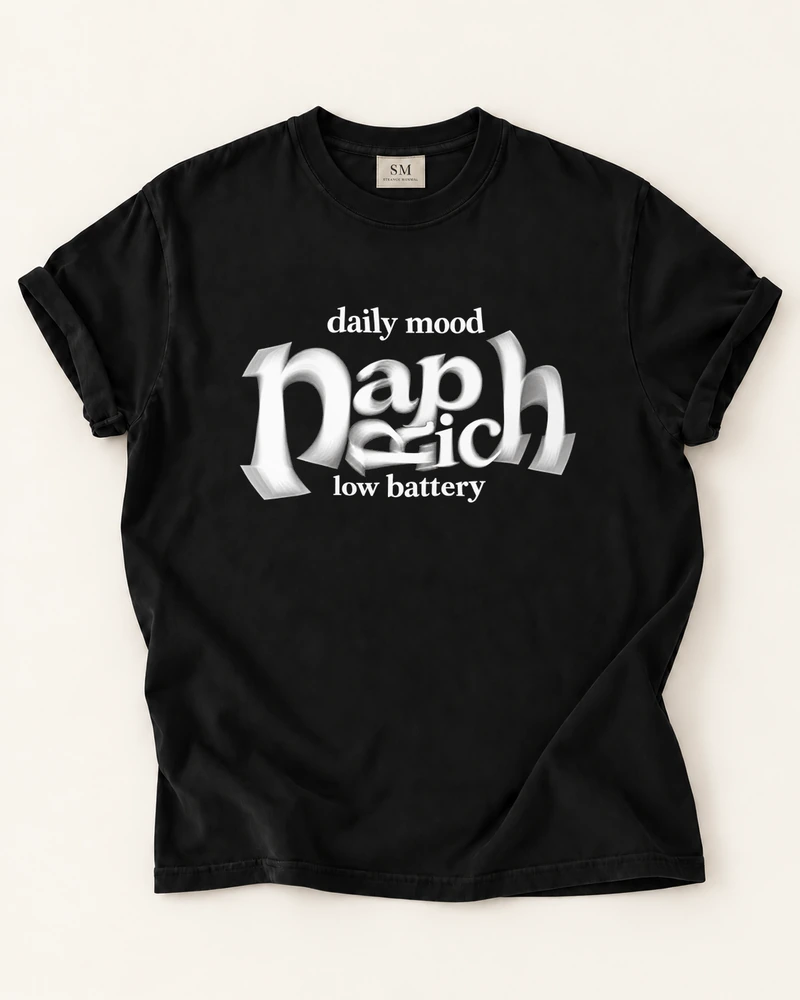 Black T-shirt with nap rich low battery front print