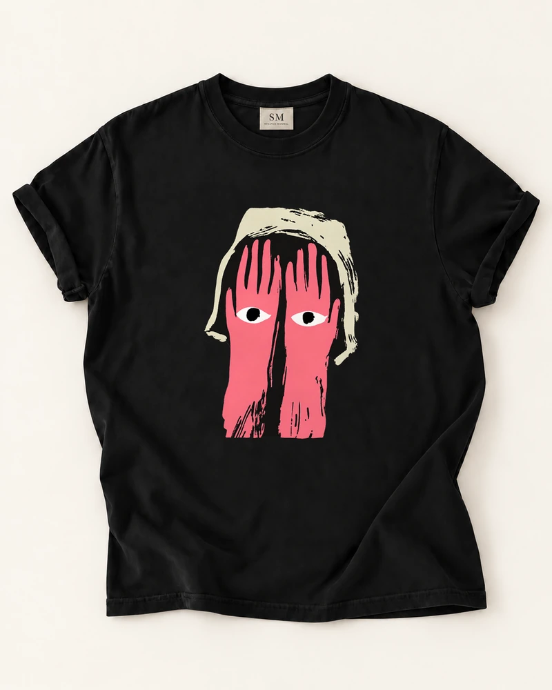 Black T-shirt with peekaboo pink hands art front print