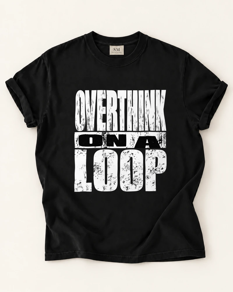 Black T-shirt with overthink on a loop front print