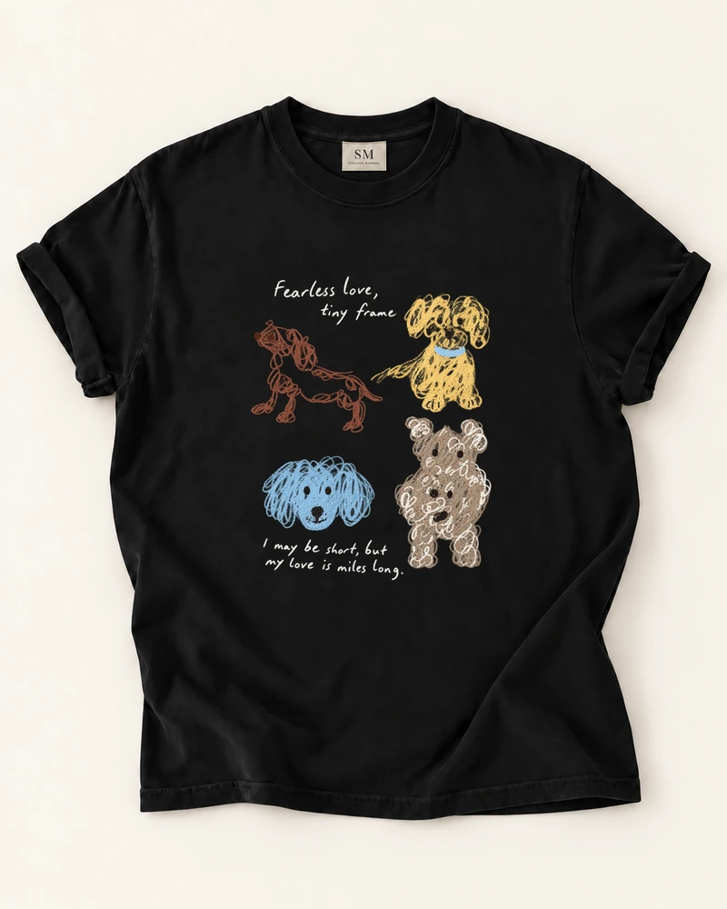 Black T-shirt with fearless love tiny dogs front print