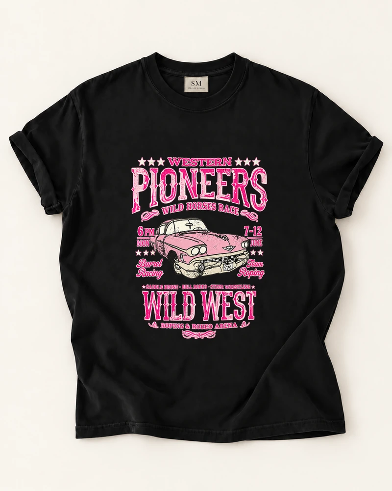 Black T-shirt with wild west pink cruiser front print