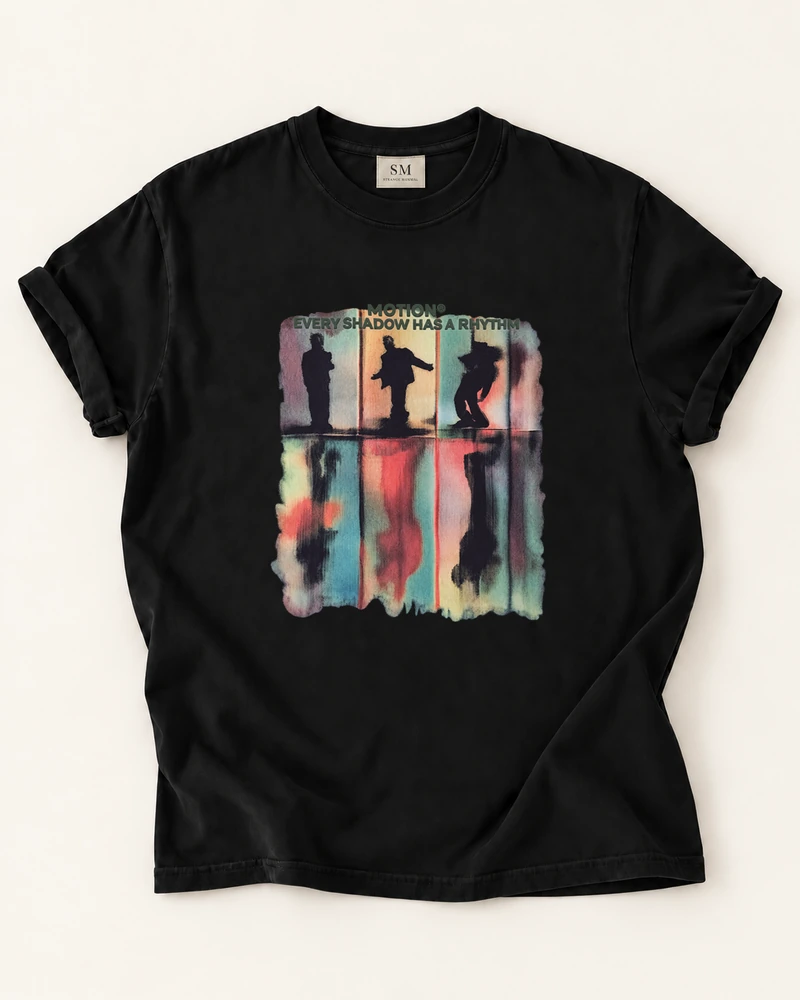 Black T-shirt with every shadow has a rhythm front print