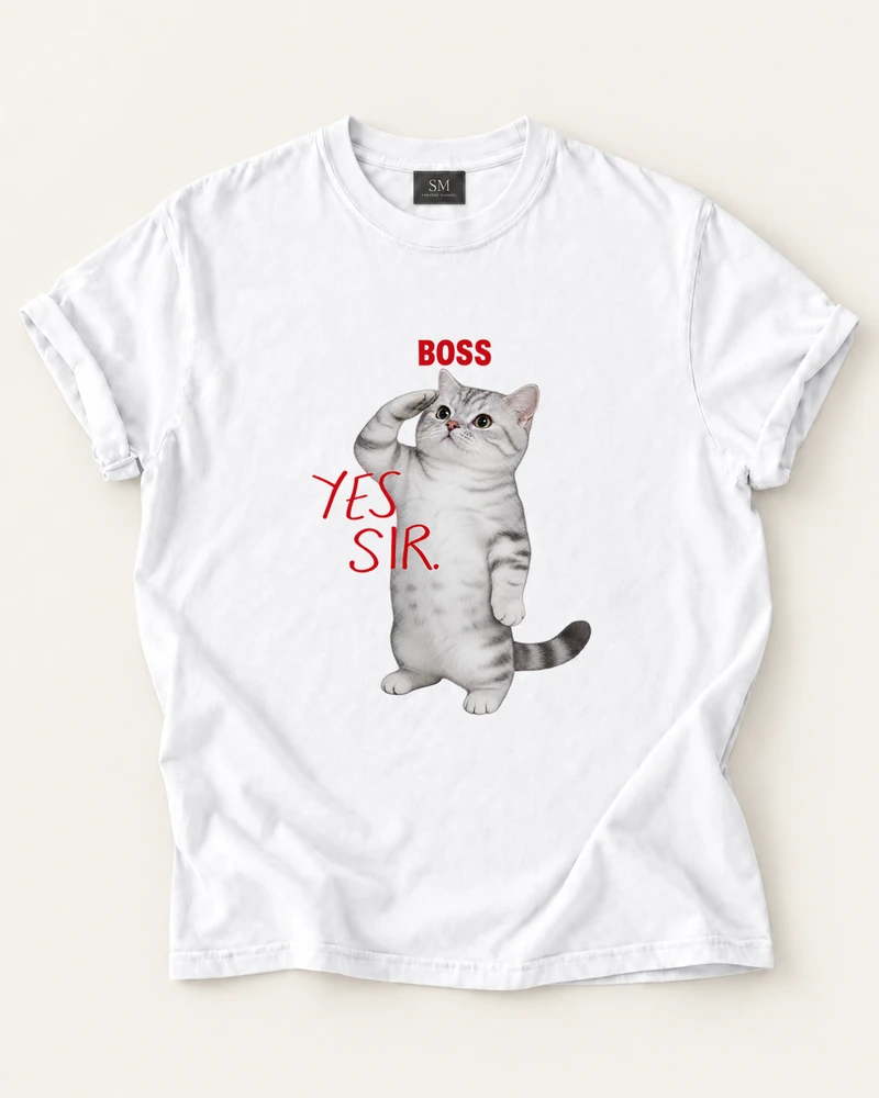 White T-shirt with yes sir cat boss front print