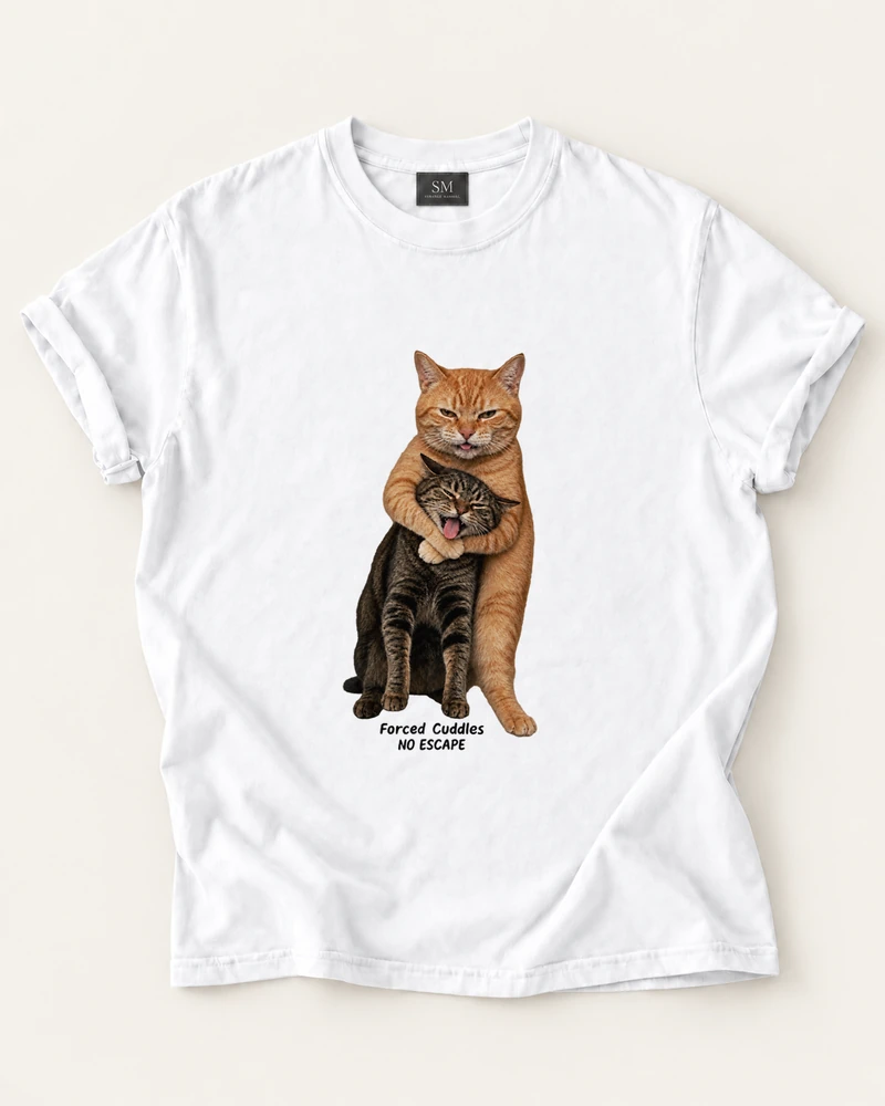 White T-shirt with forced cuddles no escape cat front print