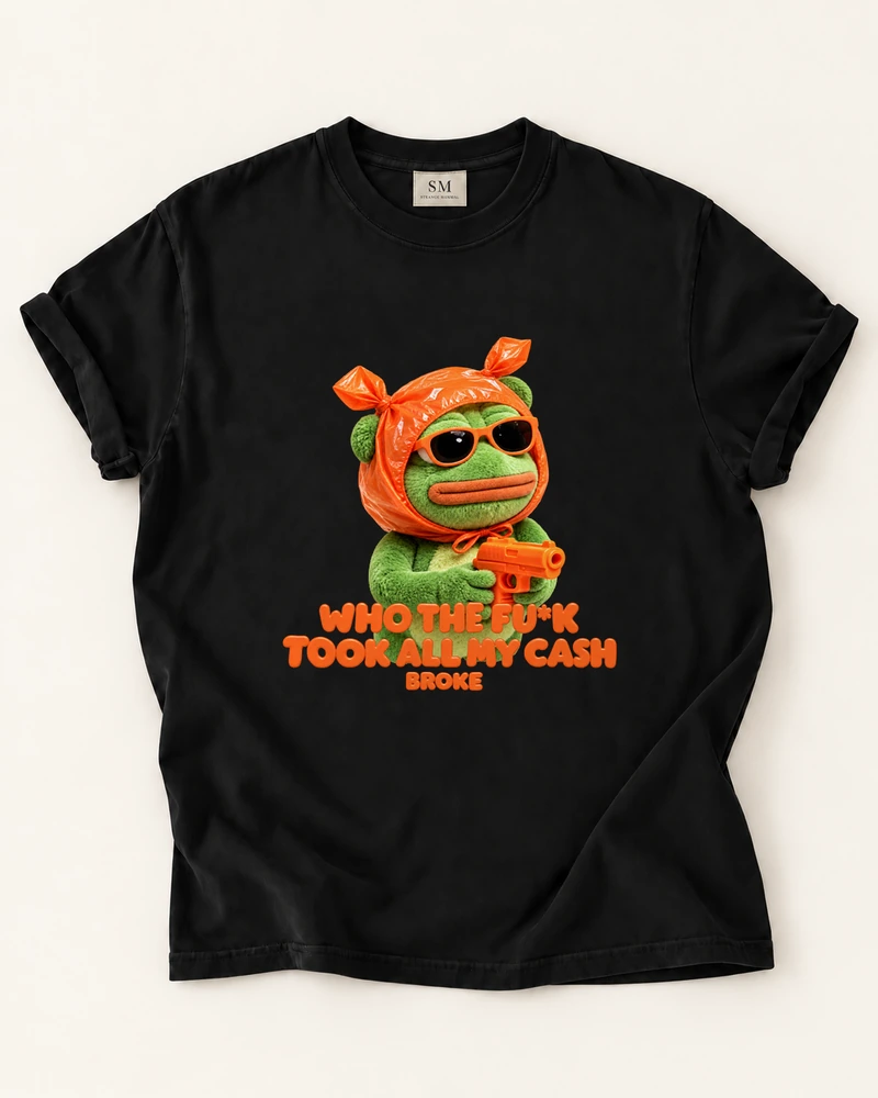 Black T-shirt with broke green plush cash front print