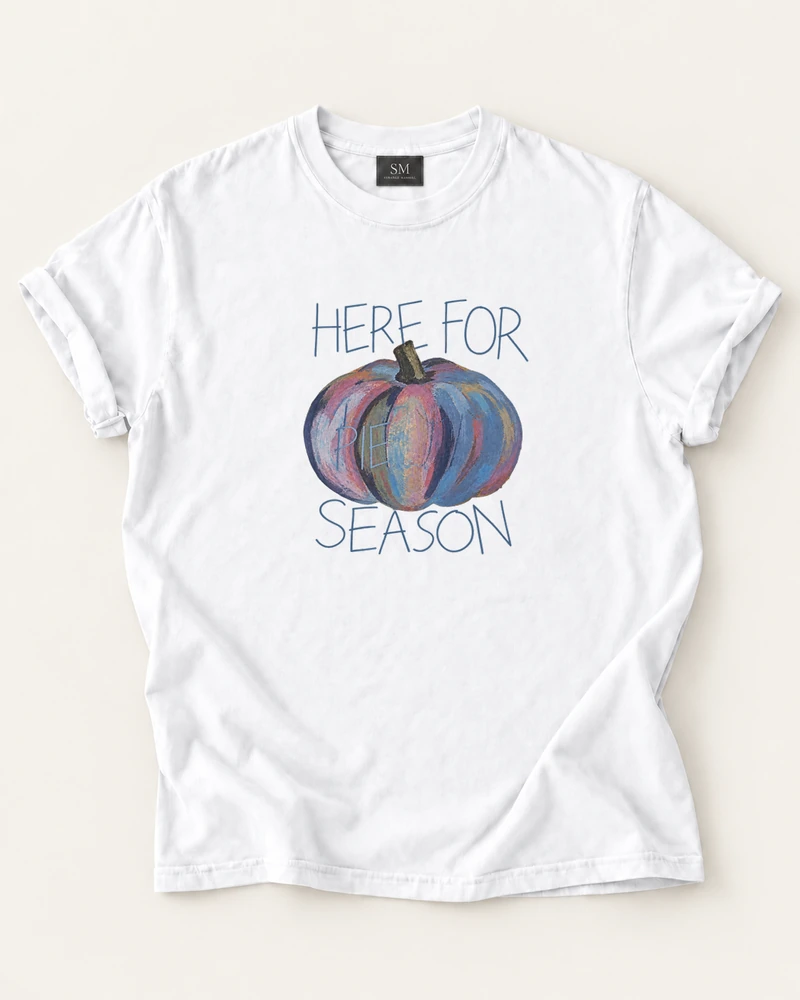 White T-shirt with here for pie season pumpkin front print