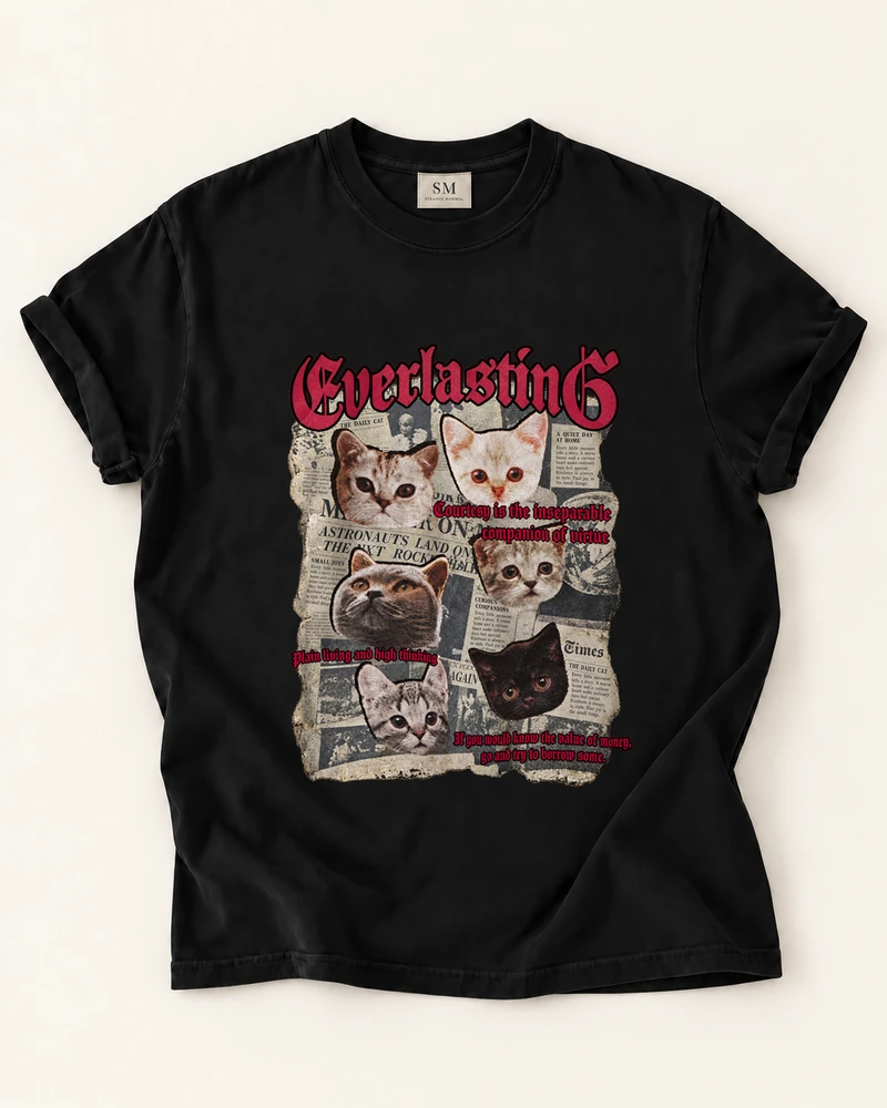 Black T-shirt with everlasting newspaper cats front print