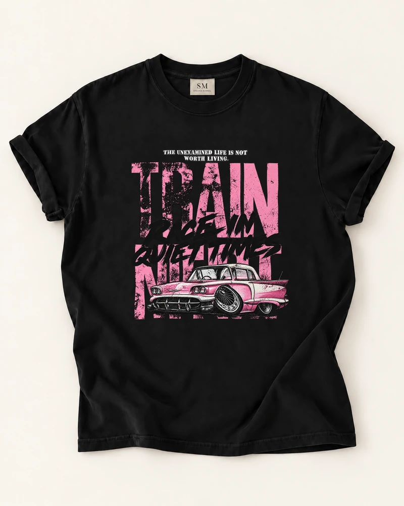 Black T-shirt with race in quiet times cruiser front print